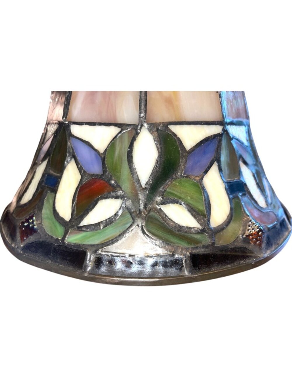 Vtg Tiffany Style Stained Glass Bell Lamp Shade 9"x6" Geometric & Floral Motifs - Picture 4 of 5